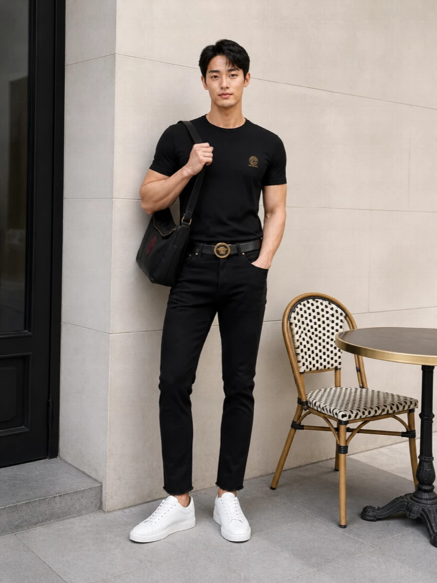 Versace black tee black jeans white sneakers
