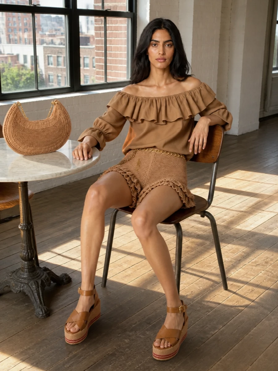 Chloe camel crochet shorts espadrille outfit