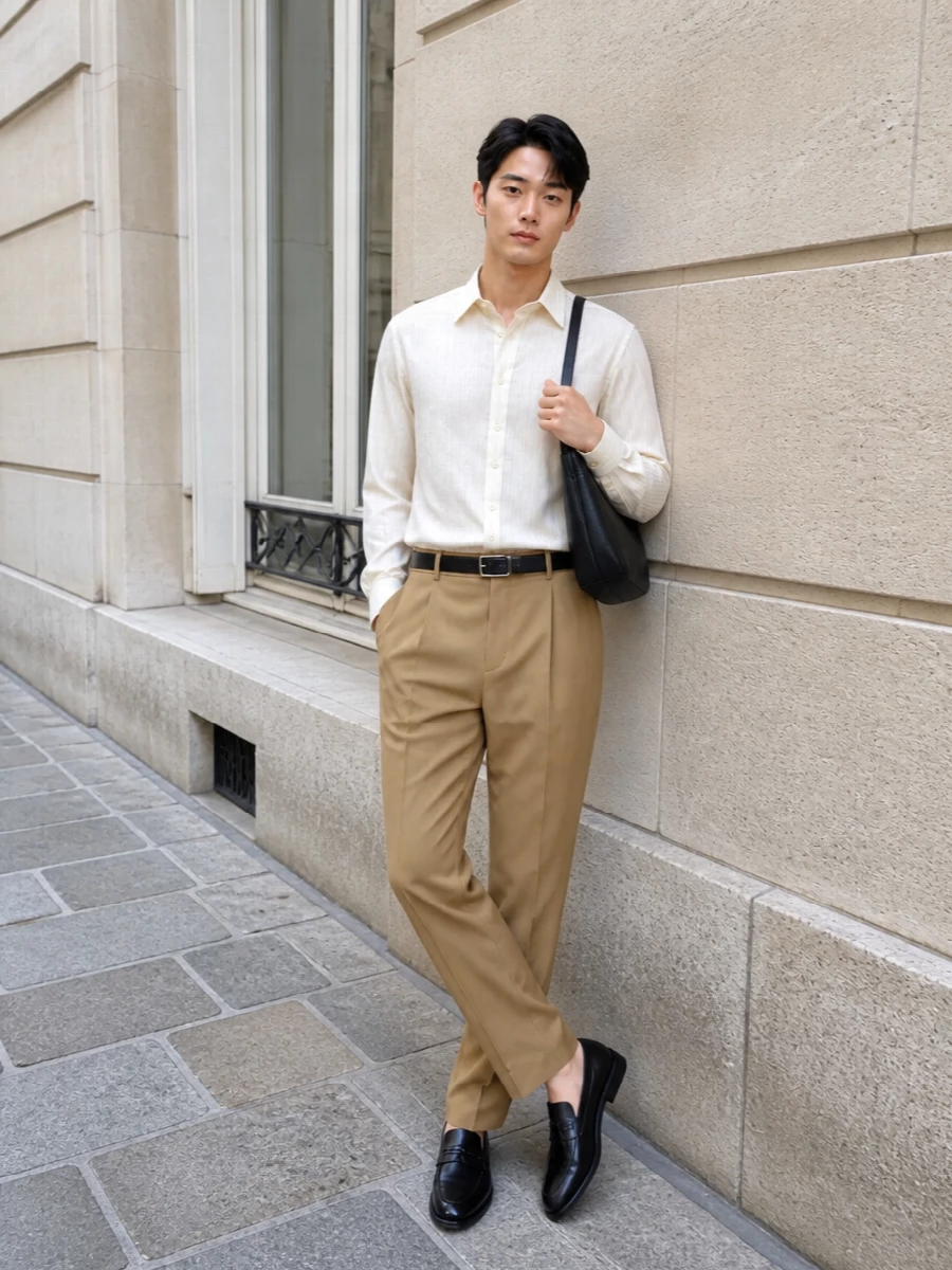 Saint laurent camel trousers striped shirt outfit