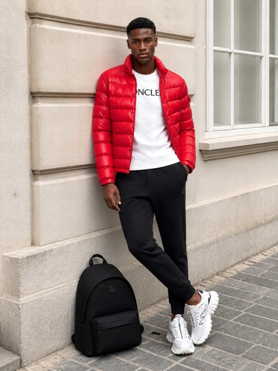 Moncler red puffer streetwear outfit joggers