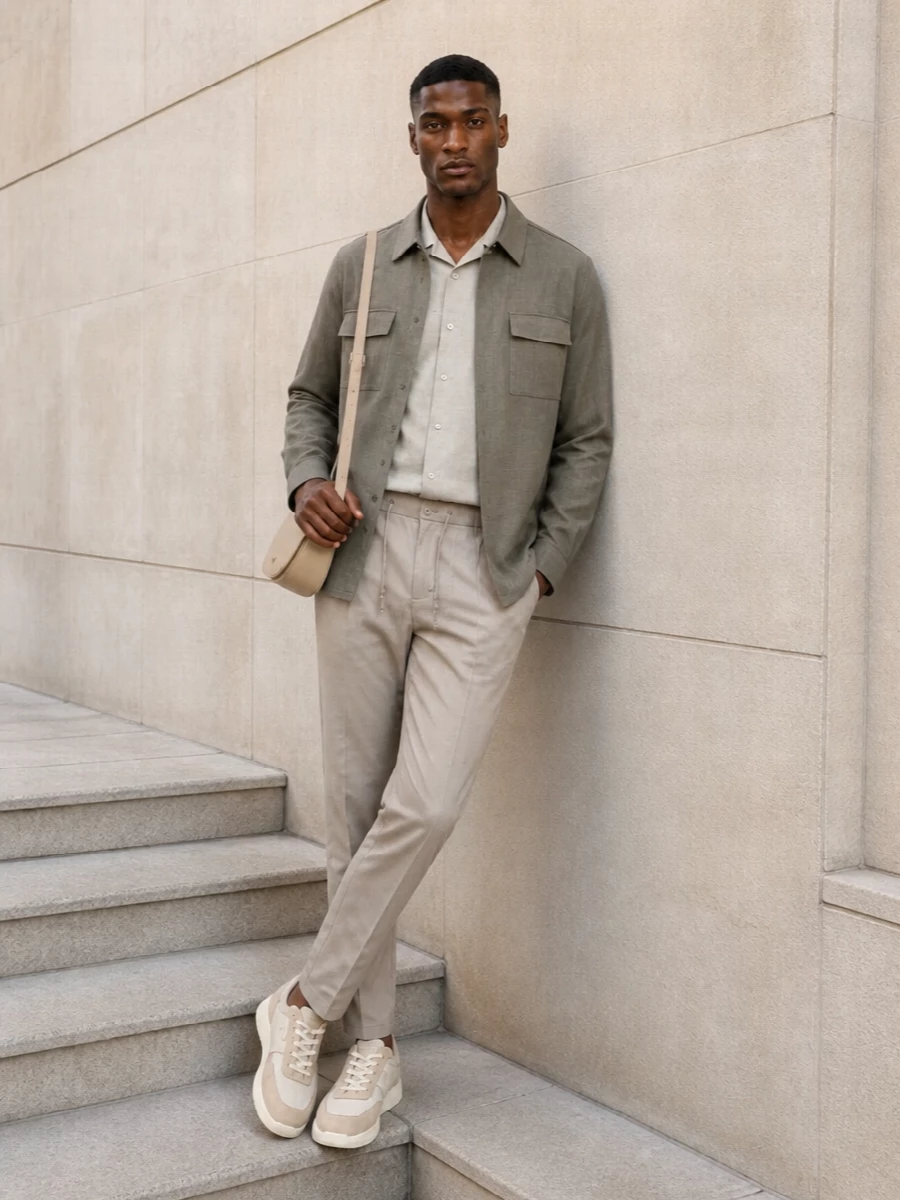Herno taupe overshirt beige trousers sneakers