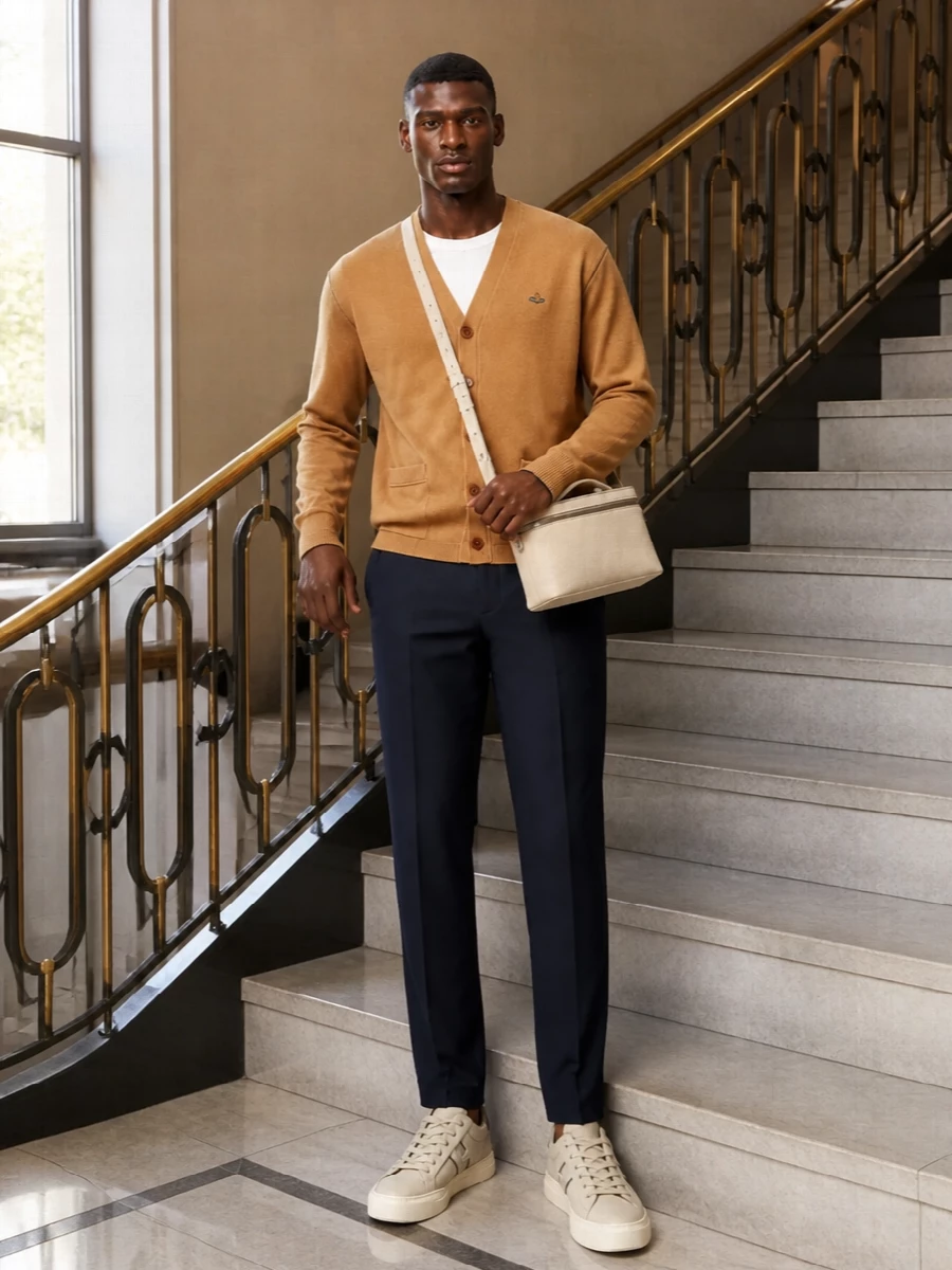 Camel and navy set a quietly polished palette, with the cardigan relaxed over precise tapered trousers for an easy preppy balance. Light taupe sneakers keep it modern and low-key, while the structured cream bag adds a clean, functional accent that still feels refined.