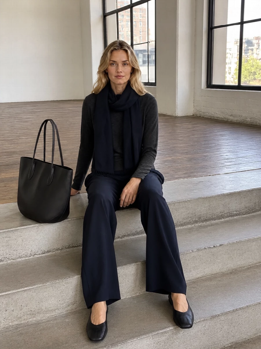 Ink navy and charcoal sit close in tone here, so the eye reads one long, fluid line from shoulder to hem. The sculpted flat and soft tote keep everything grounded and unobtrusive, while the navy scarf adds just enough depth for a quietly intentional off-duty uniform. It is loungewear that can step straight into a cabin, hotel lobby, or red-eye without changing a single piece.