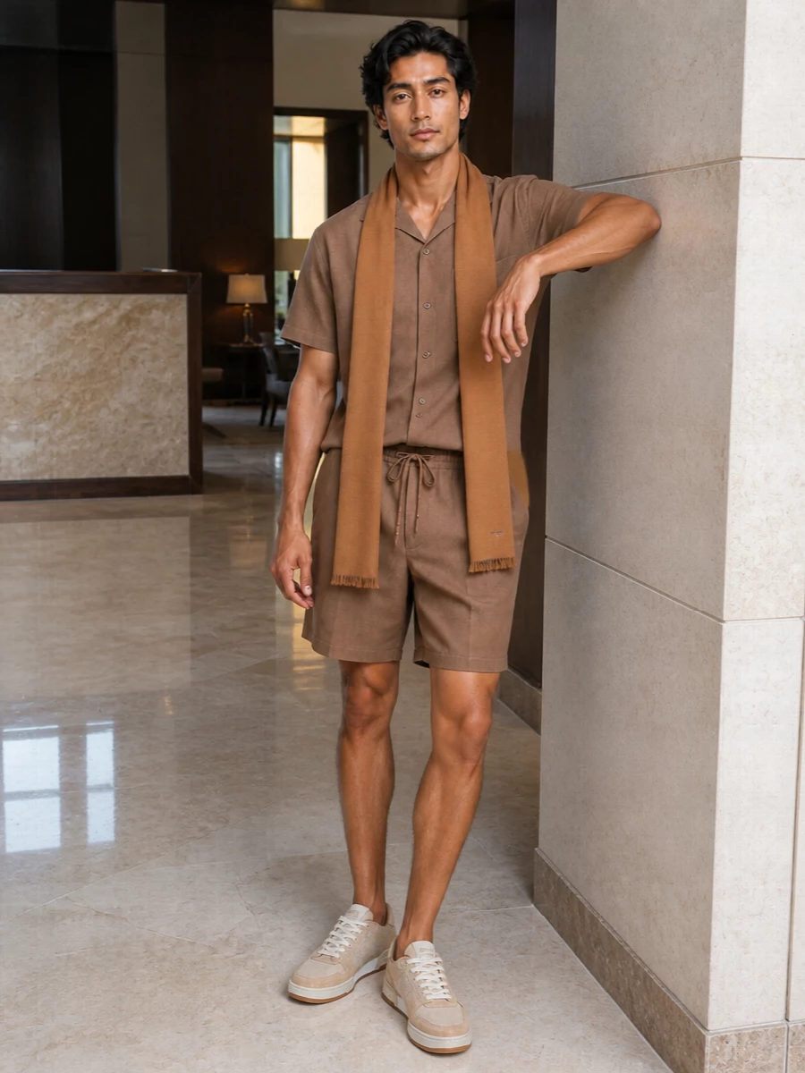 Fendi camel swim shorts tonal camp shirt sneakers