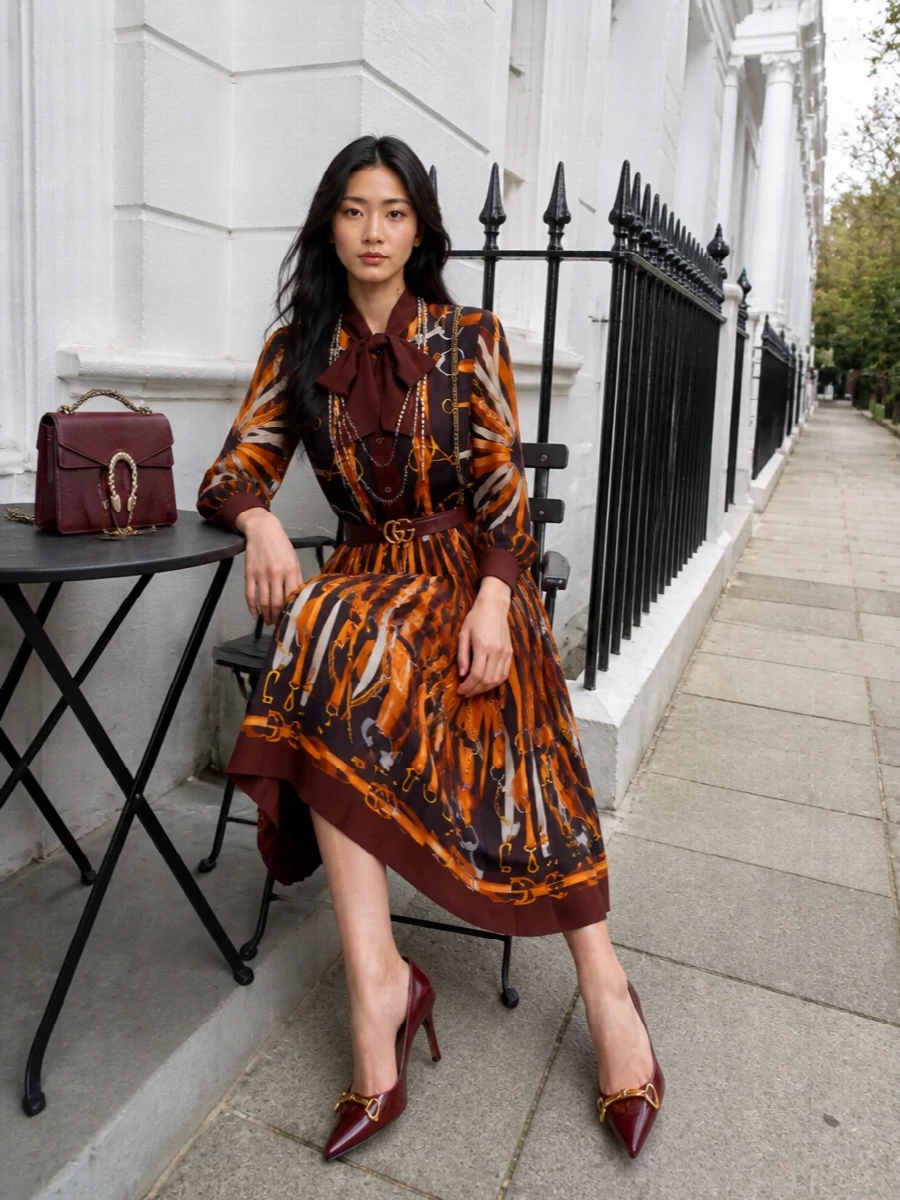 Gucci equestrian midi dress burgundy accessories