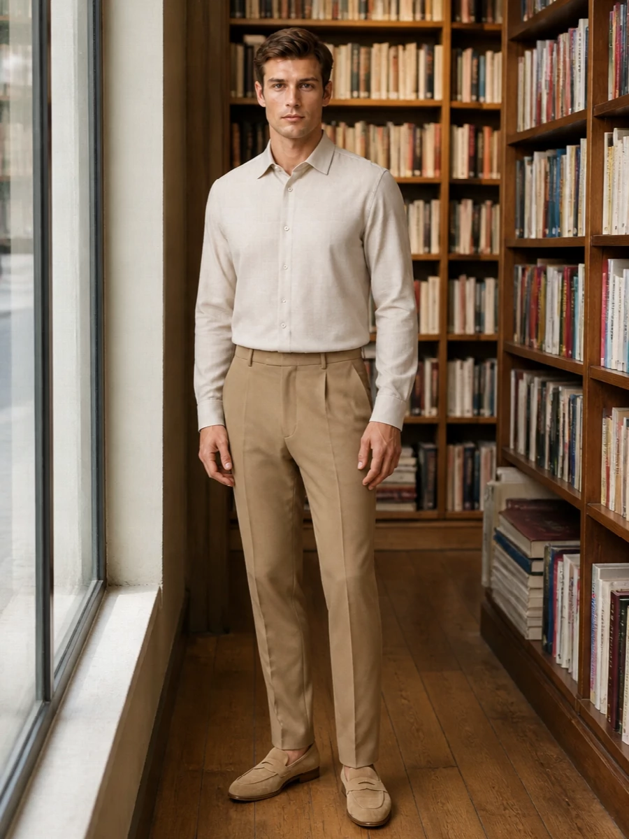 A palette of soft beige and camel keeps the outfit calm and precise, with the Zegna shirt and Saint Laurent trouser reading relaxed yet clearly tailored. The streamlined suede loafer and structured Valentino bag add subtle contrast in texture and depth of brown, keeping the whole combination quietly luxurious and city ready for warm days. It is an easy, tonal uniform that feels considered without ever looking overworked.