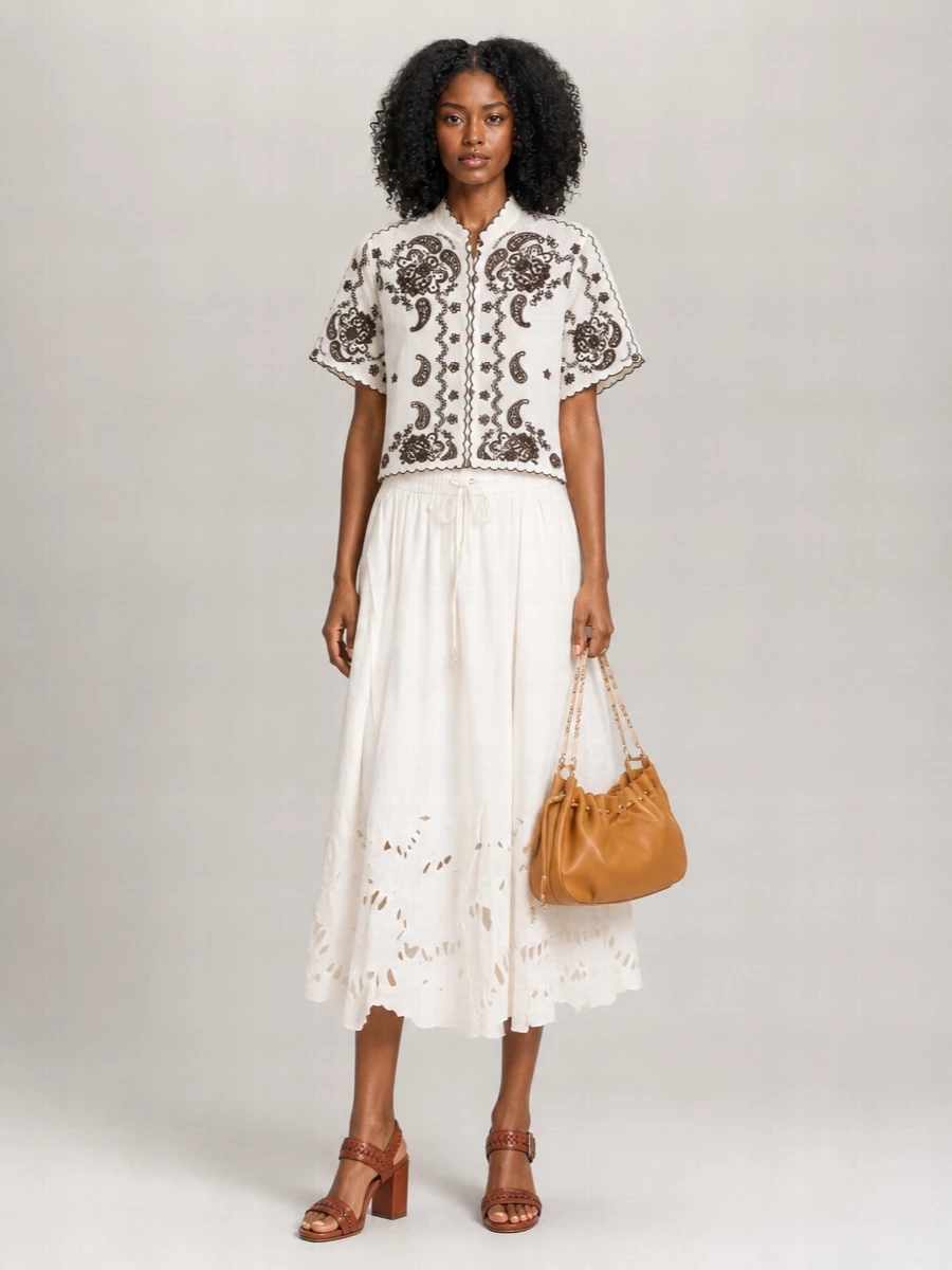 Zimmermann Embroidered Cutout Cotton Midi Skirt