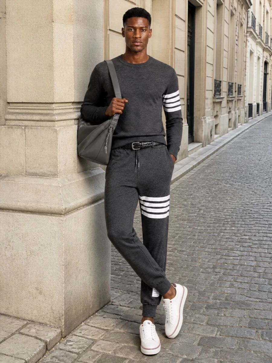 Thom browne charcoal joggers athleisure outfit