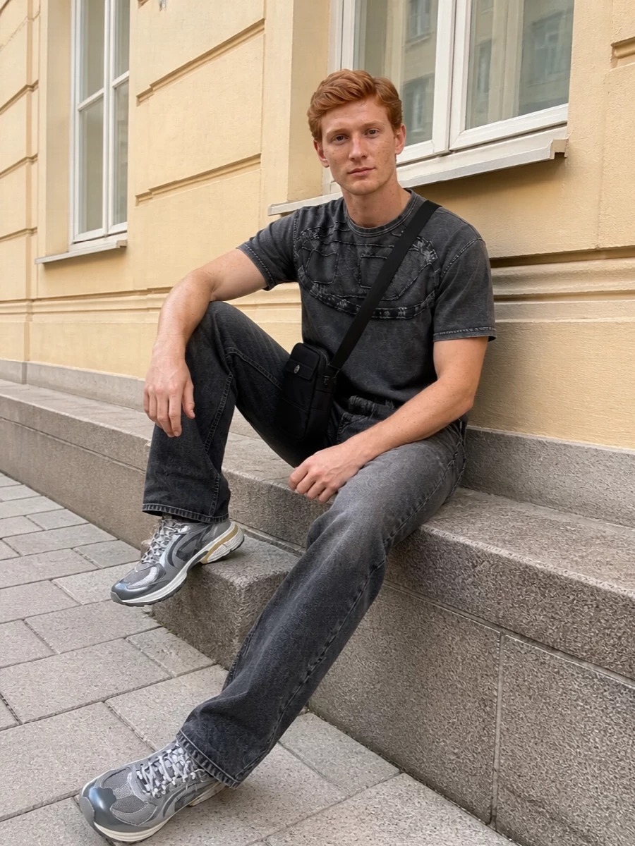 Diesel grey jeans graphic tee runners outfit