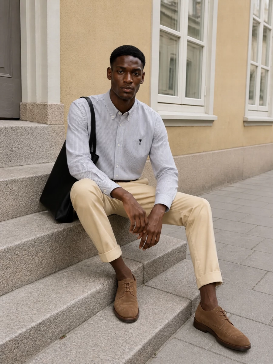 Ami striped shirt beige chinos tods chukkas