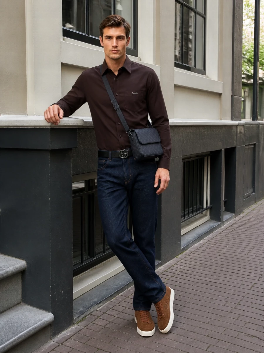 Gucci dark denim chocolate shirt suede sneakers