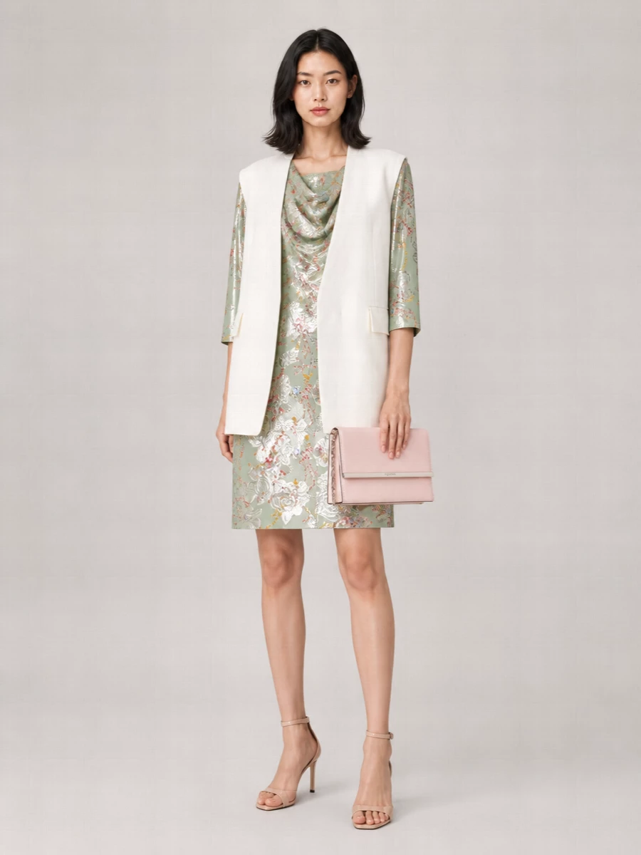 The sage Valentino dress takes center stage, its metallic floral jacquard catching the light while the draped neckline keeps the mood soft and romantic. Nude Jimmy Choo sandals lengthen the leg without interrupting the palette, and the structured blush McQueen bag adds a clean, modern counterpoint to all that shimmer. The result is a quietly opulent ensemble, ideal for summer evenings when you want presence with ease.