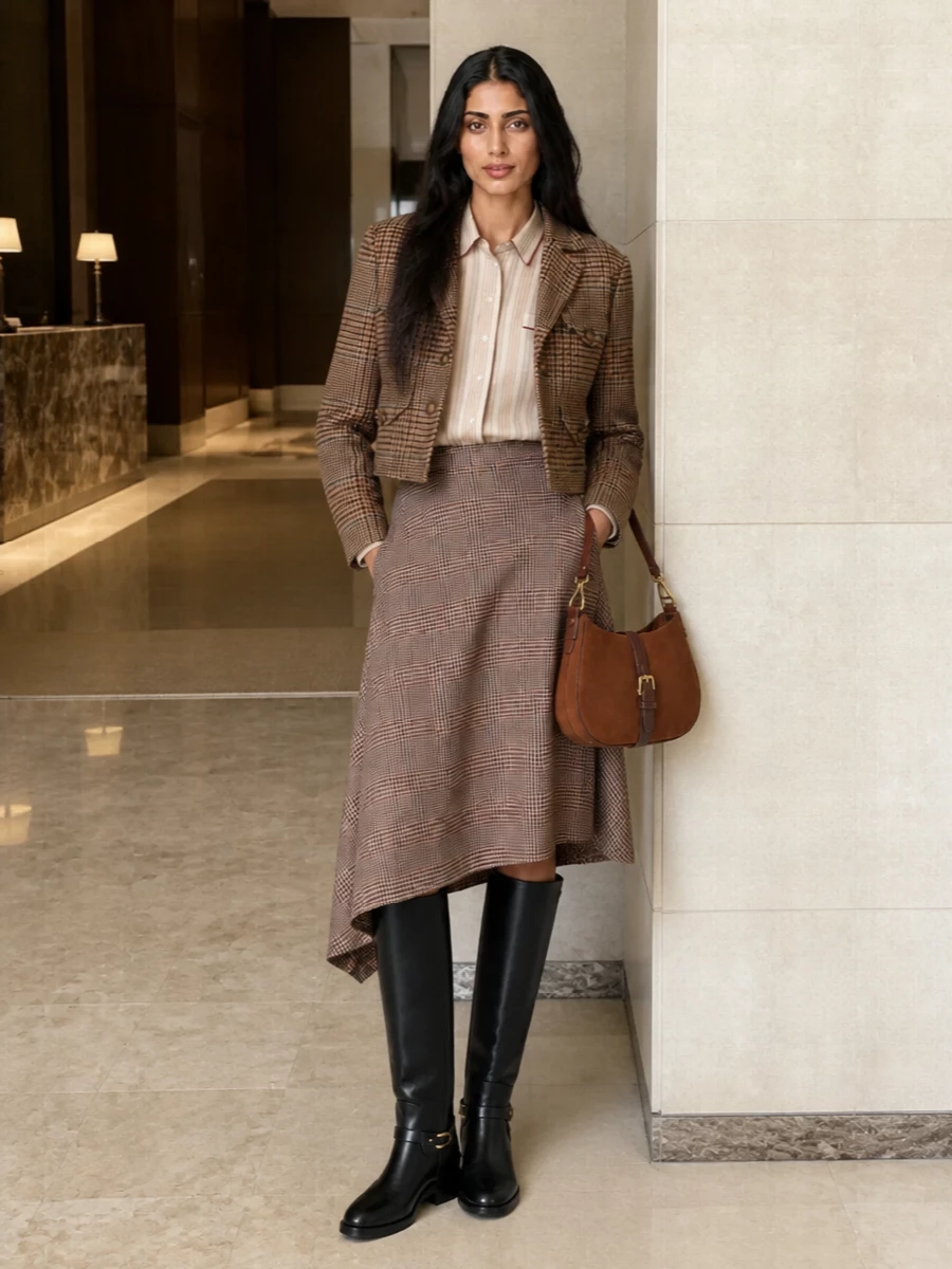 Etro cropped jacket plaid midi skirt boots
