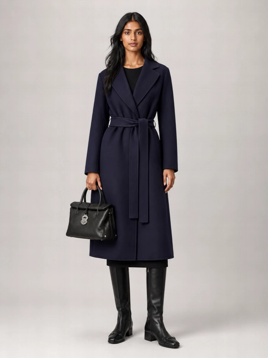 I am building around the dress rather than separate tailoring, because the Dries sheath echoes the coat’s clean wrap and midi length for a seamless, columnar base. The inky navy coat, black sheath and graphic knee boot create a disciplined, tonal palette that feels quietly powerful for city evenings or serious daytime meetings. The structured black bag reinforces the tailored attitude without adding noise, keeping the whole outfit firmly in the quiet luxury space.