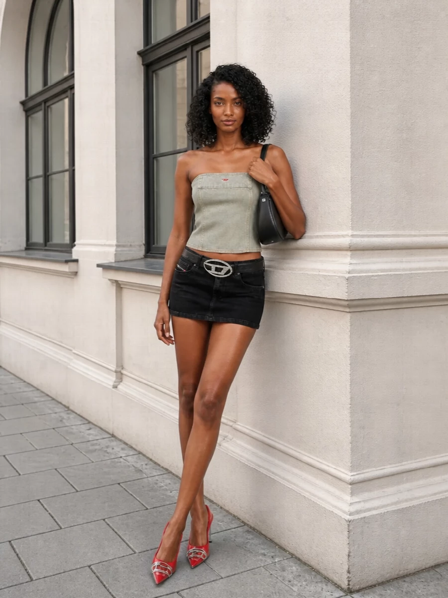 Diesel denim bustier black mini skirt outfit