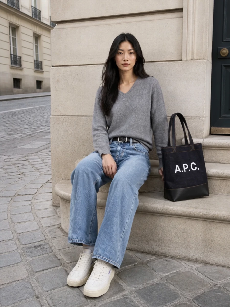 Dunst wide leg jeans grey knit apc denim tote