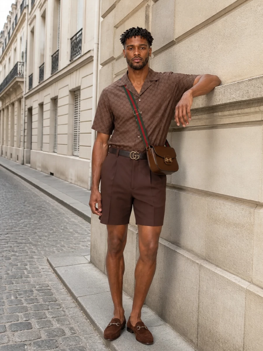 Gucci’s cocoa camp shirt is paired with sharply pleated chocolate shorts for a tonal, tailored take on warm weather dressing that still feels relaxed. Chocolate suede loafers and a structured horsebit crossbody keep the brown story coherent while adding polish. A slim, understated belt finishes the outfit with a precise, quiet touch rather than more branding.