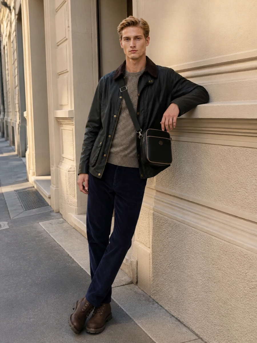 Barbour wax jacket corduroy trousers boots