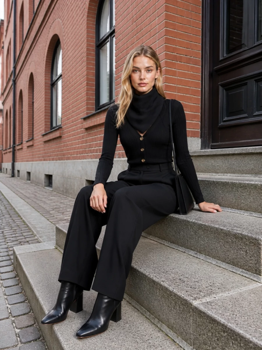 A slim black ribbed cardigan meets high-waisted wide-leg tailoring for a refined, elongated silhouette that feels modern yet quietly classic. Sculpted black ankle boots and a sleek structured pouch keep the palette crisp and unified, while a sharp knit neck piece adds just enough winter detail without disturbing the clean lines.