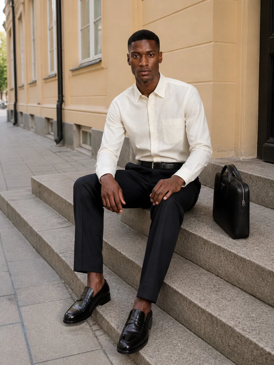 Our legacy navy trousers buttercream shirt outfit