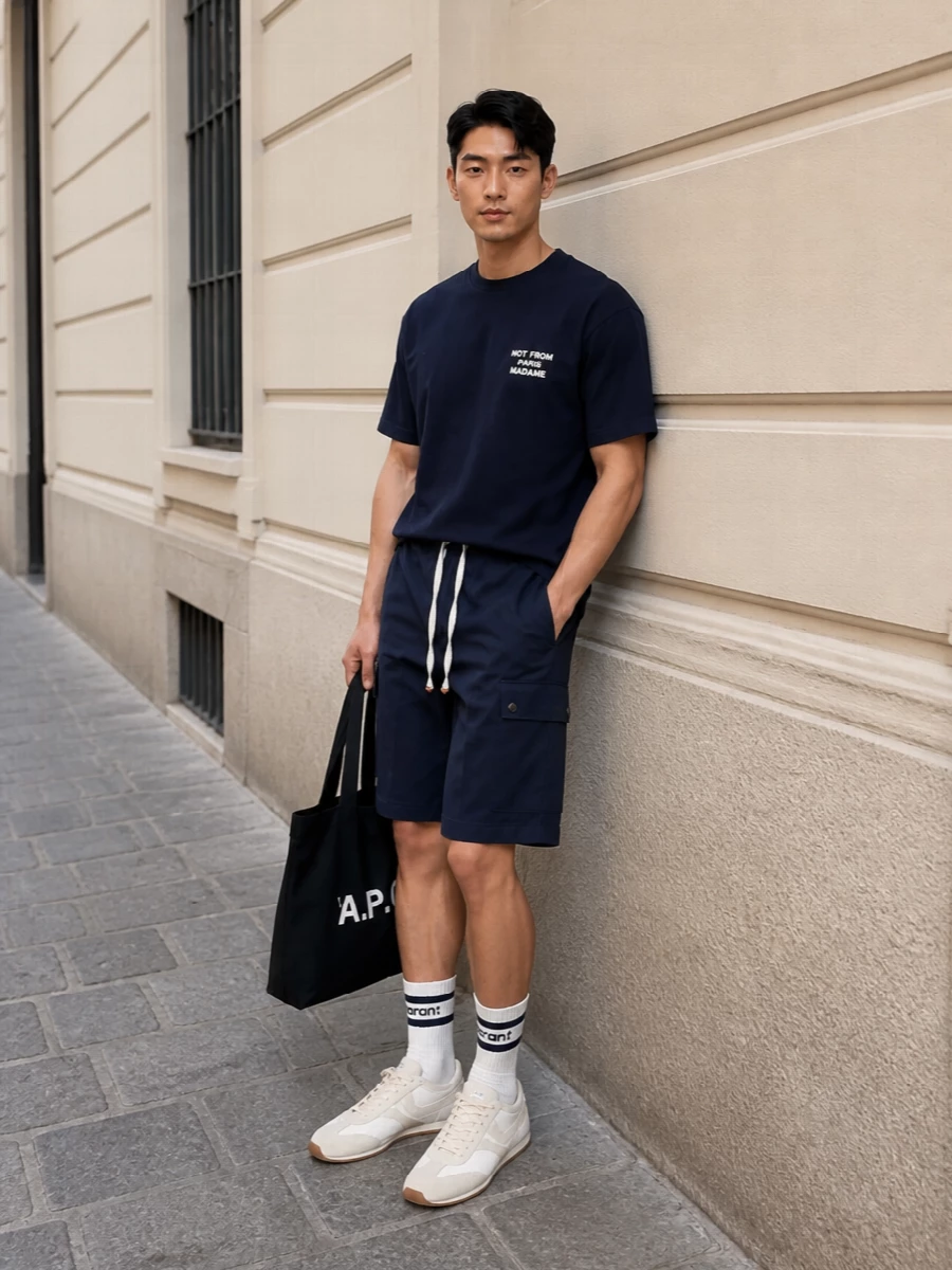 Drole de monsieur navy tee cargo shorts outfit