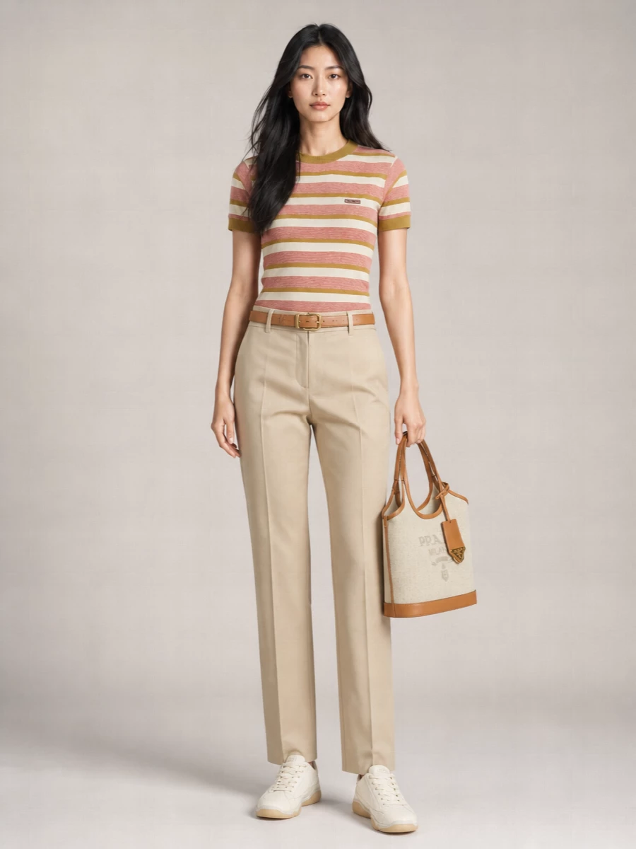 Prada Striped Cotton Crew Neck Short Sleeve T-Shirt