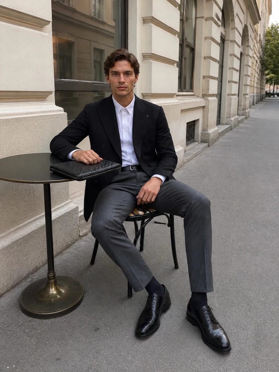 Tagliatore blazer charcoal trousers black oxfords