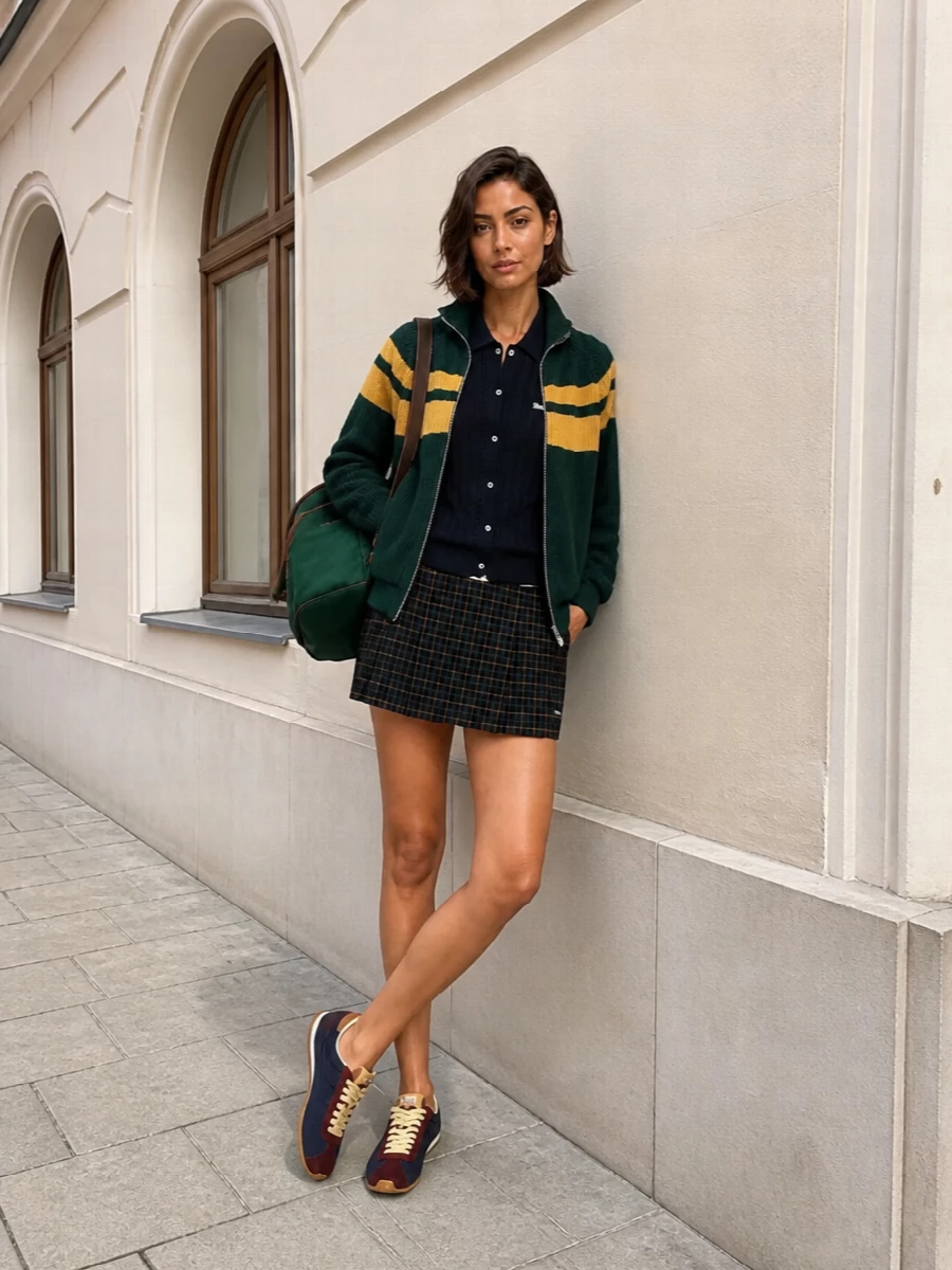 Miu miu varsity bomber tartan mini outfit