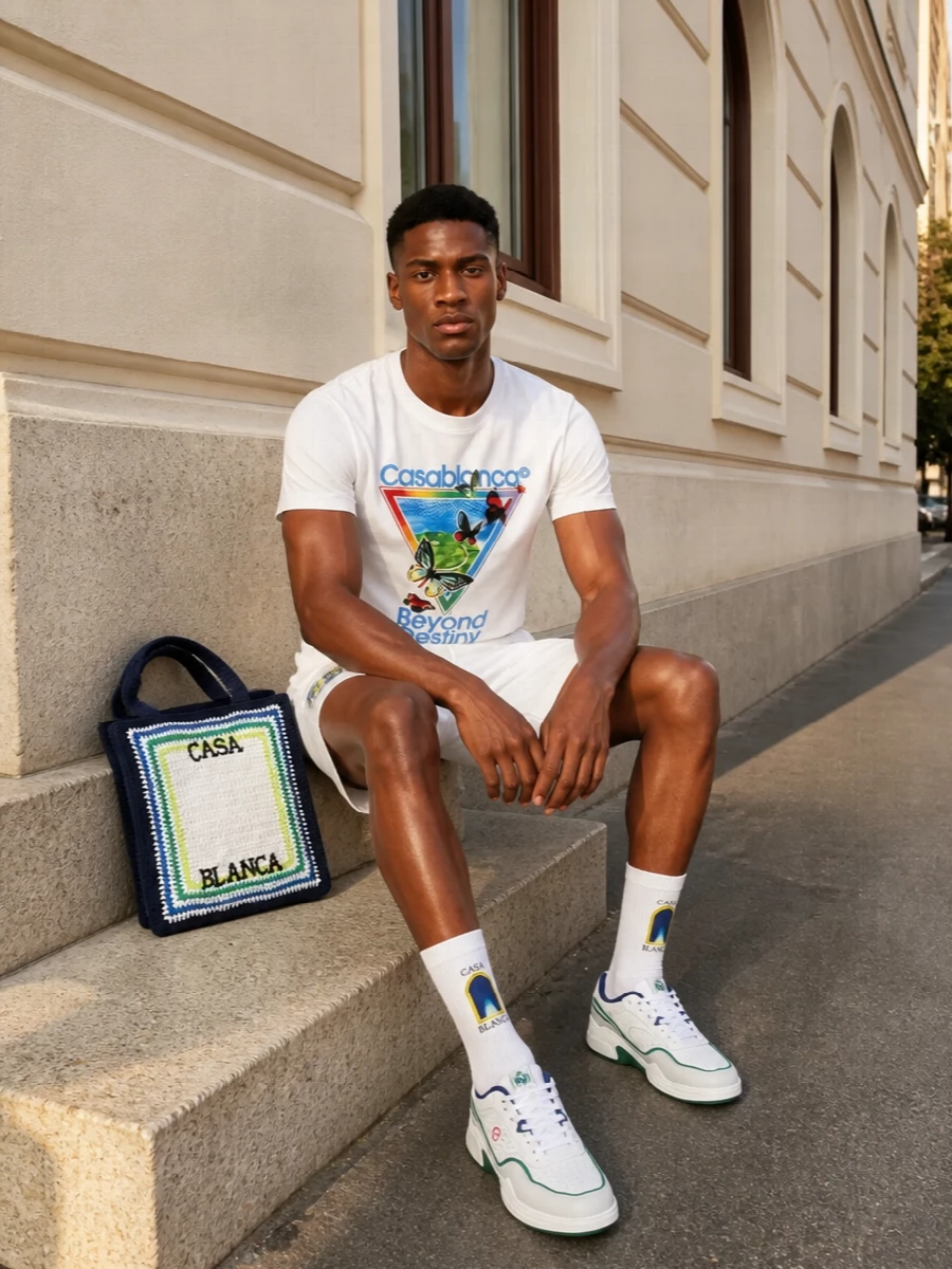 This is Casablanca’s sunlit tennis story dialed into a graphic street mood: the statement tee anchored by clean white club shorts and retro court sneakers. The crochet tote and logo socks add just enough texture and color hits to feel intentional, without distracting from the bold butterfly artwork. It is relaxed, polished and ready for city courts, resort terraces or weekend wandering alike.