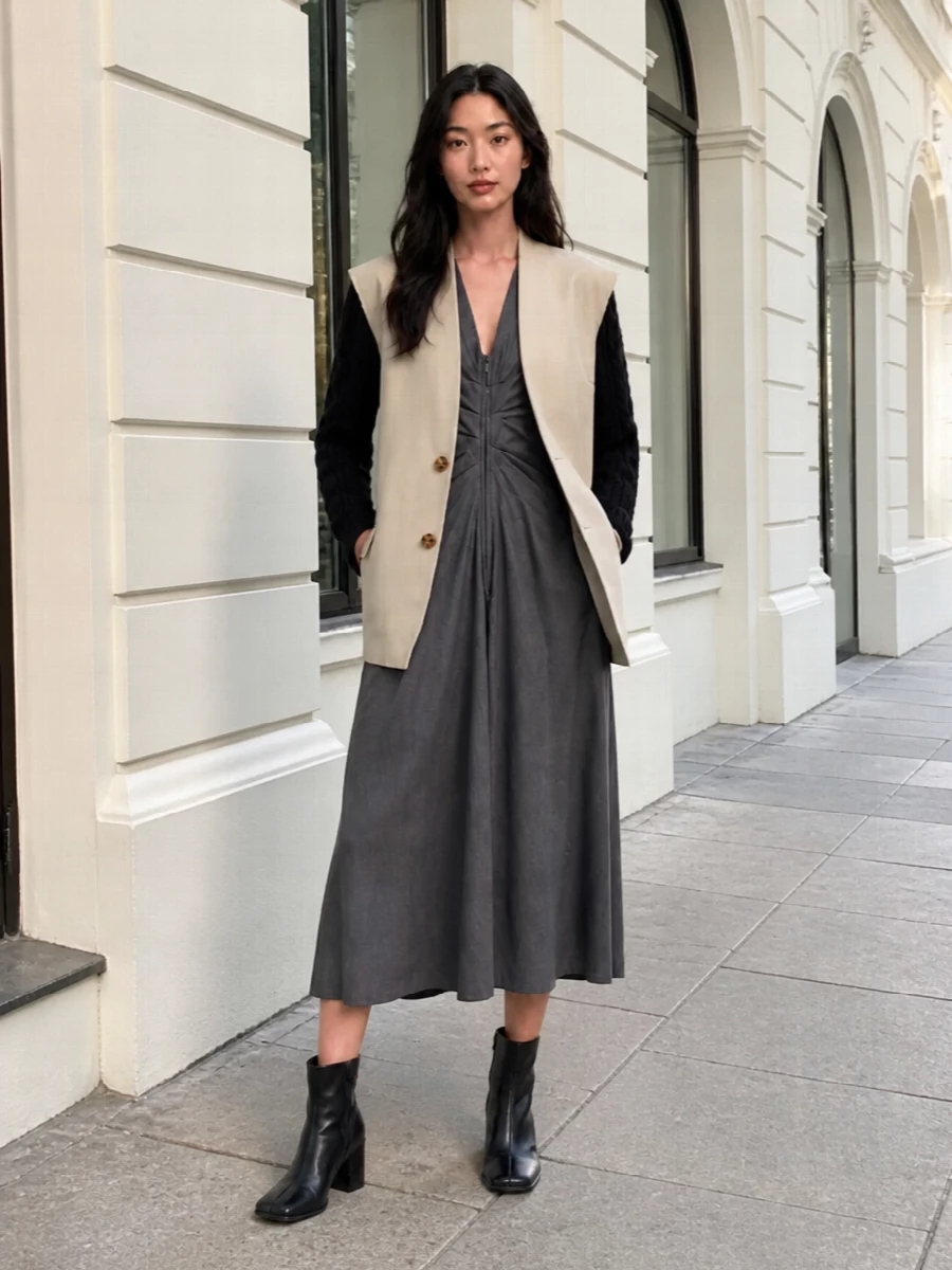 I’m taking the dress route here, because a single charcoal suiting column under the stone-beige vest feels more precise and modern than stacking additional tailoring layers on top and bottom. The gathered midi dress, clean black ankle boots and sharp black pouch create a long, uninterrupted line that reads quietly powerful from client meetings to late gallery drinks. The palette stays in that Margiela stone, charcoal and black register, so the outerwear remains the architectural hero while everything else hums in tune beneath it.