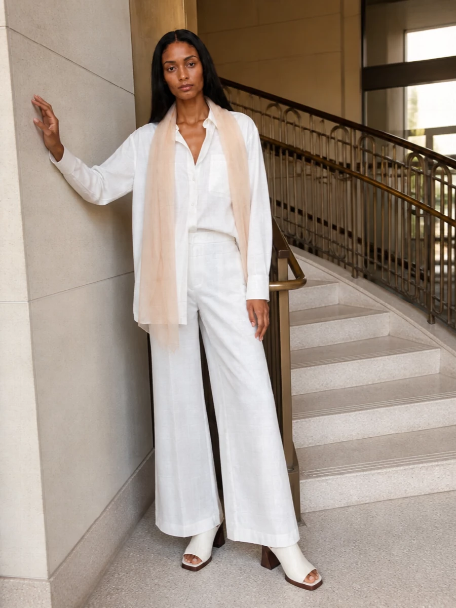 A soft white column of fluid tailoring, anchored by warm neutral accessories, creates a modern, quiet statement for warm days in the city. The wide-leg trouser and relaxed shirt keep the silhouette long and calm, while the sculptural mule and structured taupe bag add just enough contrast to feel considered rather than stark. A whisper of nude at the neck ties the palette together without disturbing the minimalist mood.