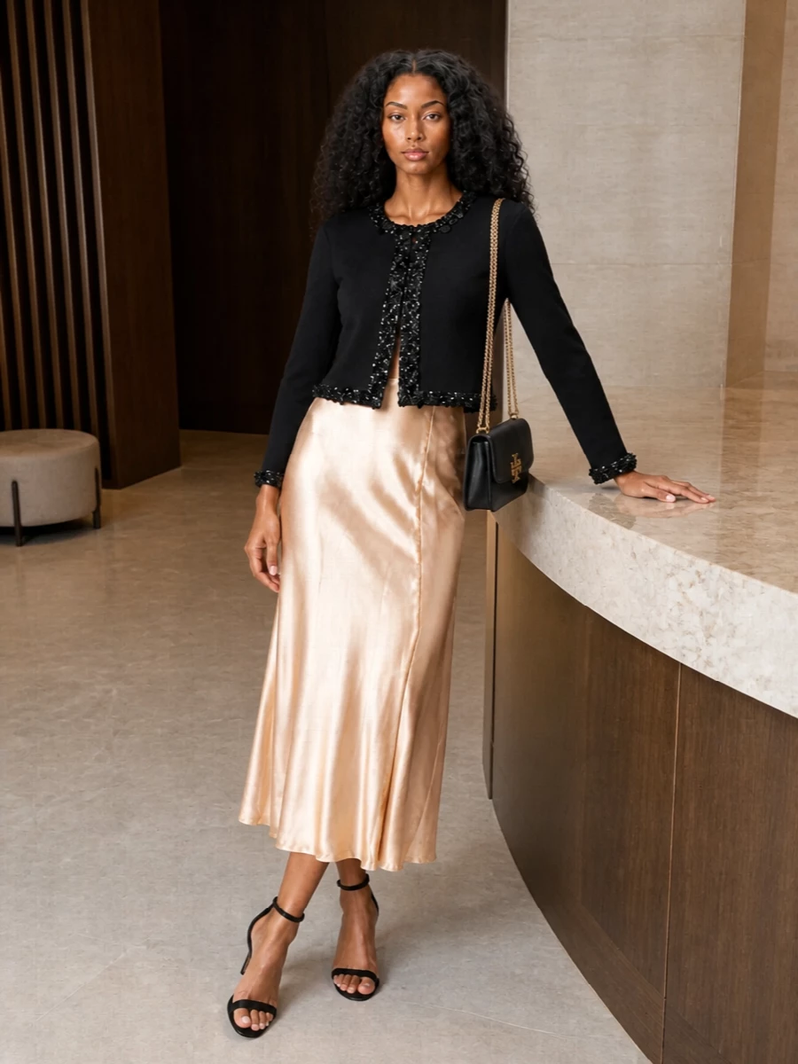 Tory burch black cardigan satin midi outfit