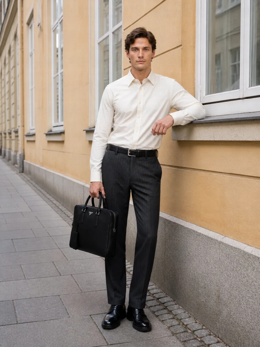 Charcoal pinstripe Balenciaga tailoring meets a crisp ivory shirt for a restrained, high-contrast take on modern business dressing. Chunky black derbies and a sharply defined belt give the straight leg just enough attitude, while a structured Prada briefcase carries the whole combination confidently from meeting room to late reservation.