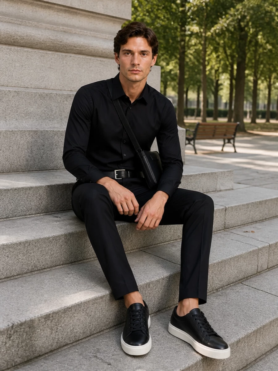 Emporio Armani’s black shirt meets equally sharp tailored trousers for a monochrome take on modern smart casual. The clean lines, subtle textures and low-profile belt keep everything precise without feeling stiff. Black leather sneakers and a compact crossbody finish the outfit with city-ready ease that works from office to late dinner.