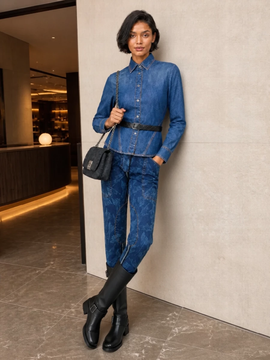 Dark, graphic denim meets precise tailoring here, with the corseted shirt sharpening the trouser’s utility seams into a clean hourglass. Knee-high black boots and a quilted belt add weight and attitude, while a structured dark-denim shoulder bag keeps the palette tight and city-ready. It is a confident, straight-through-the-day outfit that reads fashion-forward without feeling over-styled.