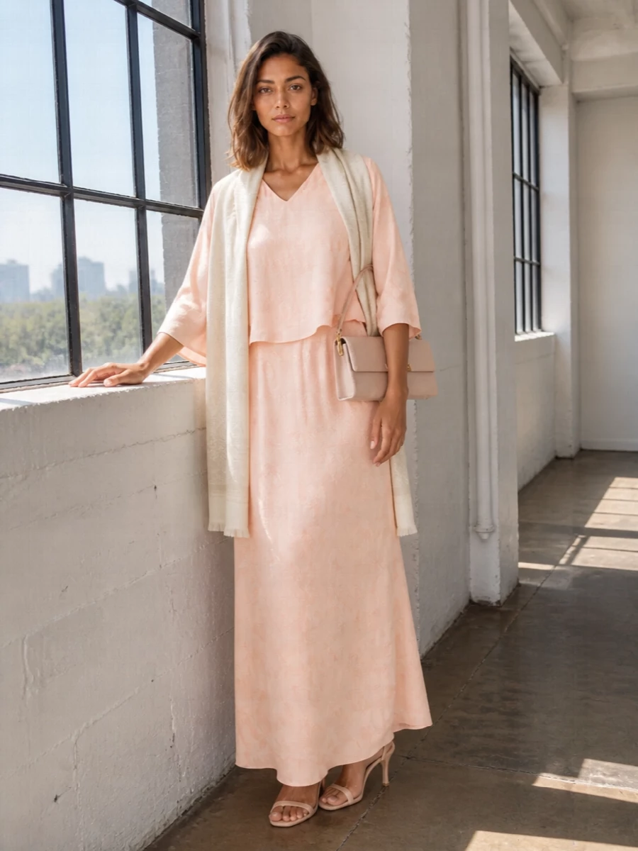 A blush Forte Forte slip gown is paired with barely there Gianvito Rossi slingbacks for a long, uninterrupted line that feels soft yet formal. A blush Dolce&Gabbana shoulder bag and an ivory Etro stole keep everything in the same muted, romantic register, perfect for weddings or candlelit summer dinners. The result is polished and feminine, with texture and sheen doing the quiet work instead of loud color.