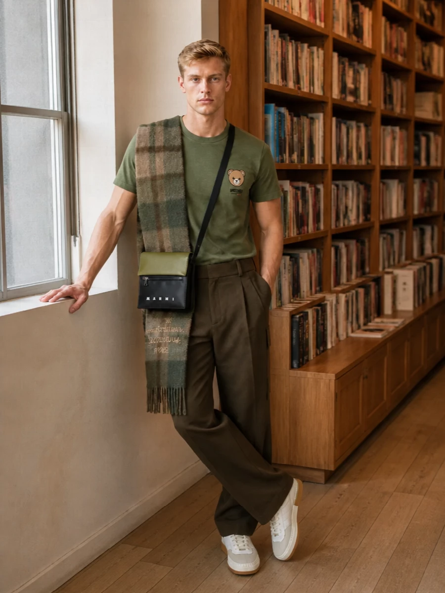 Moschino teddy tee olive cargo pants outfit