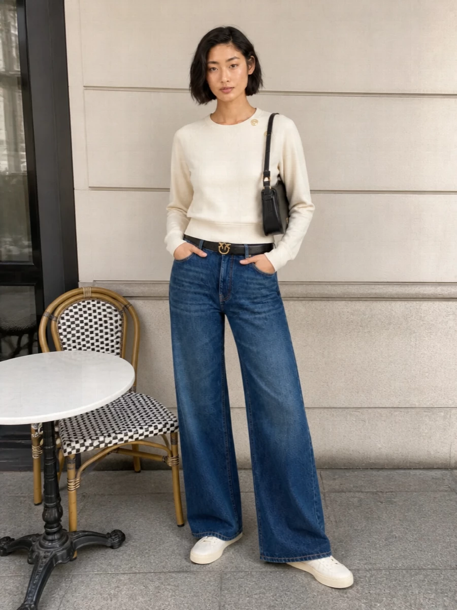 Wide-leg denim and a buttercream knit set an easy, modern base with just enough structure at the waist. Tonal off‑white sneakers keep it clean and relaxed, while the slim black baguette and signature belt add a precise, city-ready finish. The result is low-key polished, ideal for days that move between errands, coffee and casual meetings.