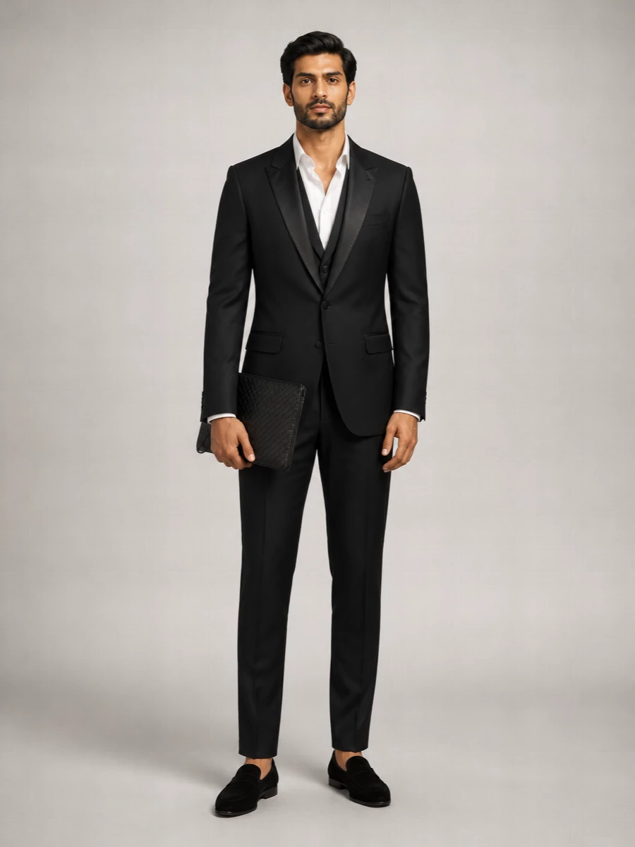 Dolce&Gabbana’s sharp black tuxedo jacket is grounded with slim, plain wool trousers and inky velvet loafers for a controlled, quietly formal evening uniform. The only texture comes from rich fabrics, from satin lapels to velvet and woven leather, while the flat Bottega Veneta clutch keeps everything close to the body and deliberately understated. It is modern black tie at its most precise, designed for nights where polish matters more than spectacle.