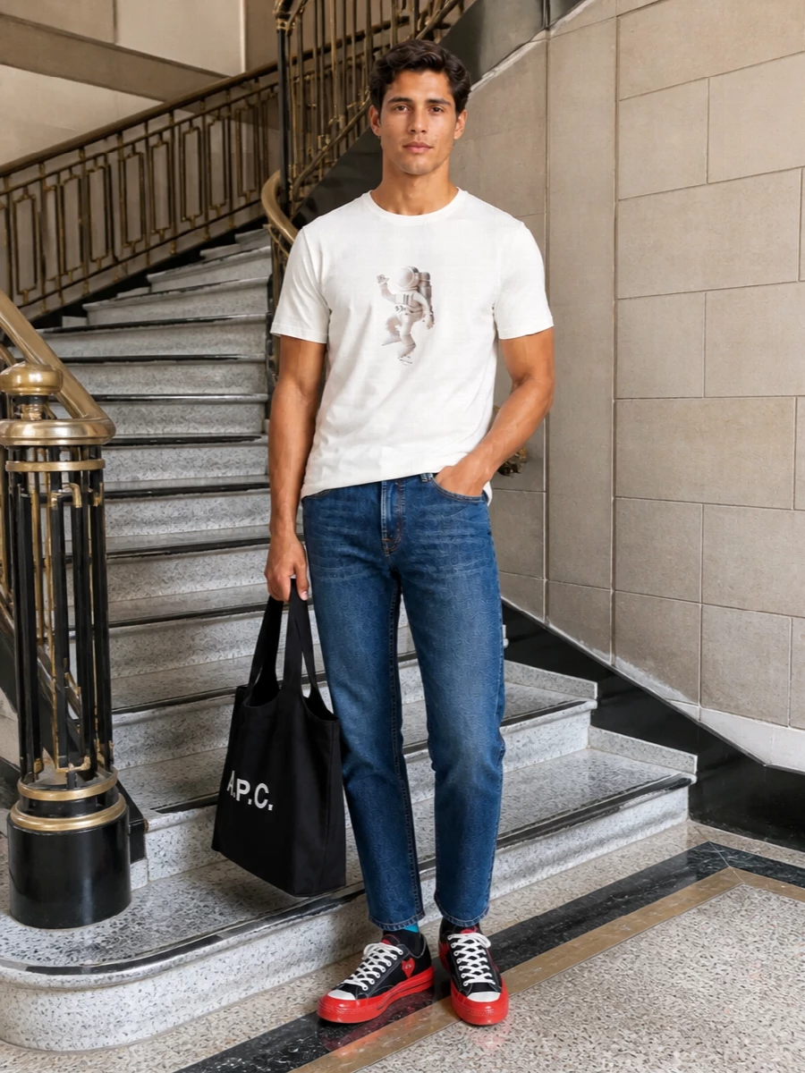 A clean white astronaut tee with straight mid-indigo denim sets an easy, graphic base that feels relaxed but considered. Black-and-red canvas sneakers and a bold black tote bring in sharper contrasts and street energy, while playful socks keep the Paul Smith wit running through the details. The result is a confident off-duty outfit that is light enough for warm days yet polished enough for city errands or casual meet-ups.