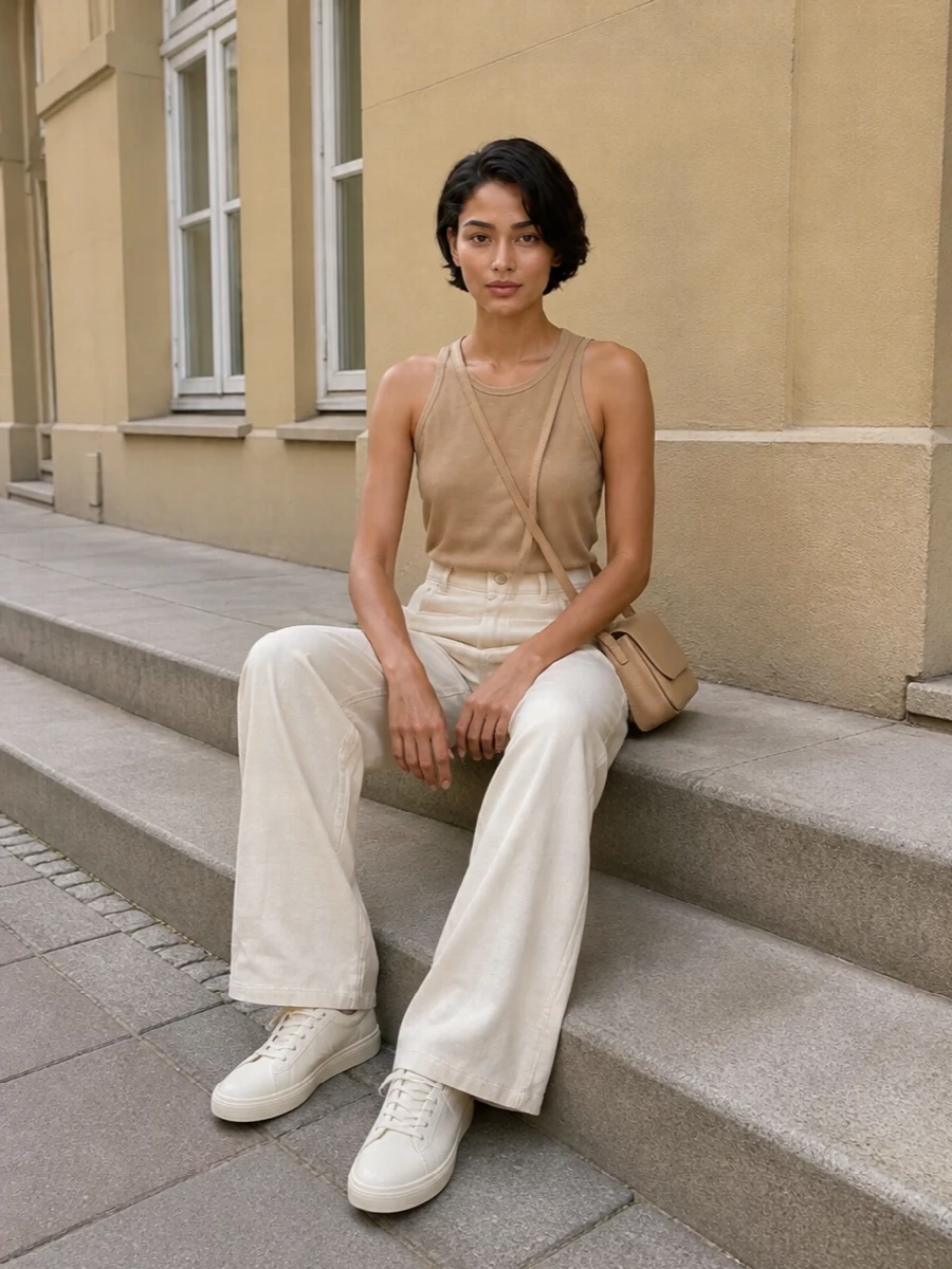 Max mara wide leg trousers camel tank outfit