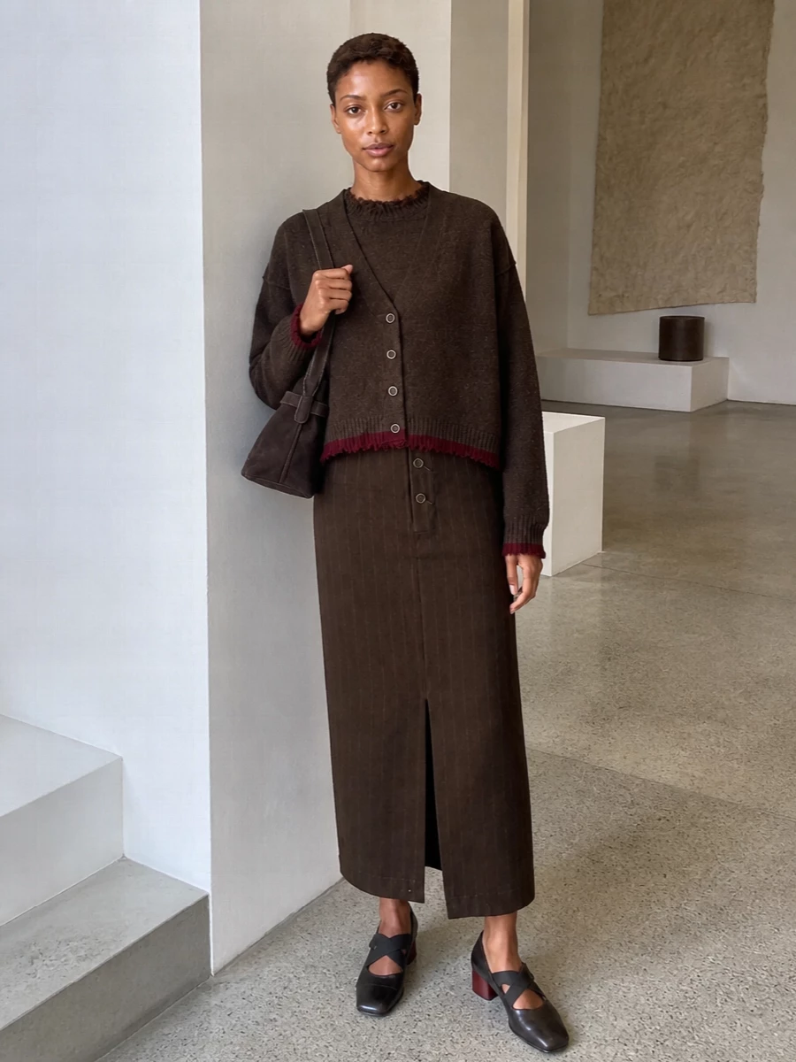 Uma wang brown cardigan maxi skirt outfit