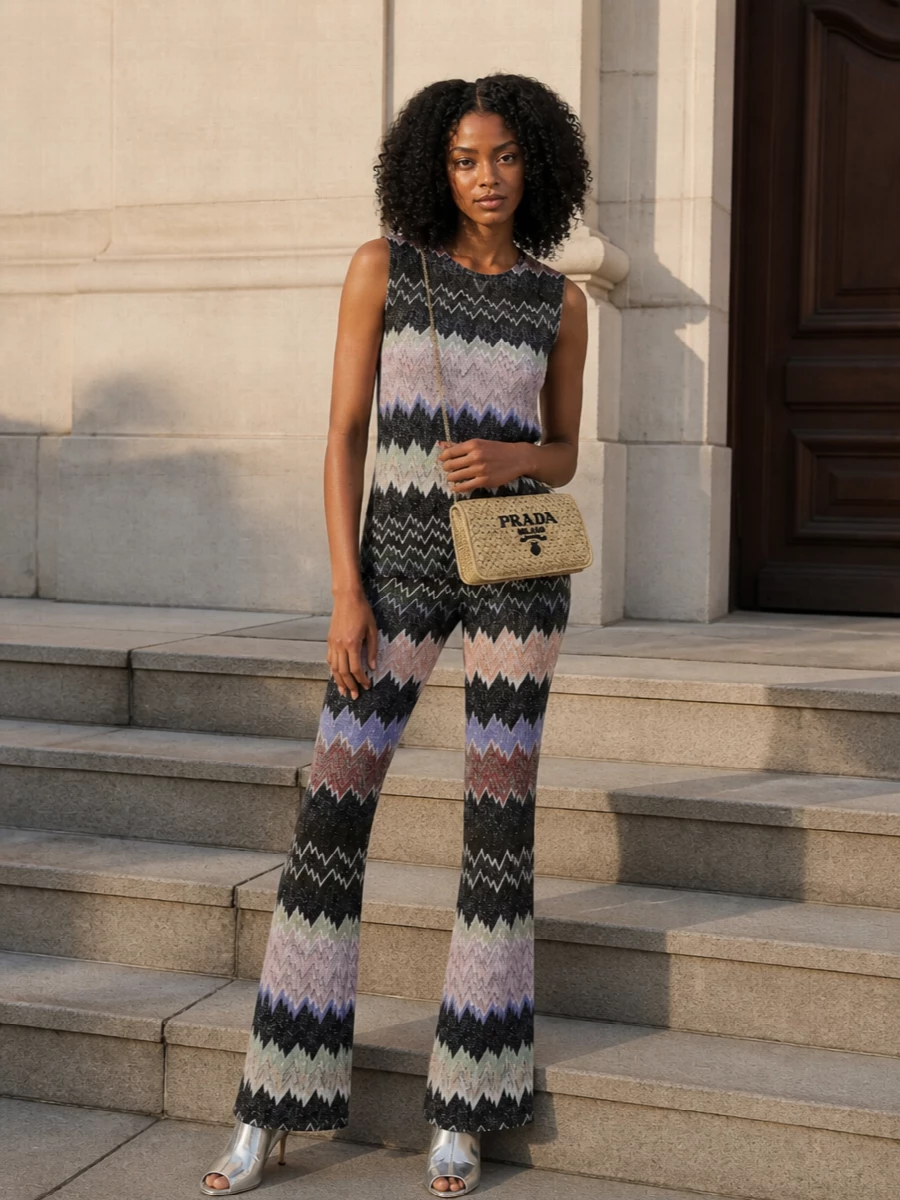 Missoni chevron tank with flared knit pants outfit