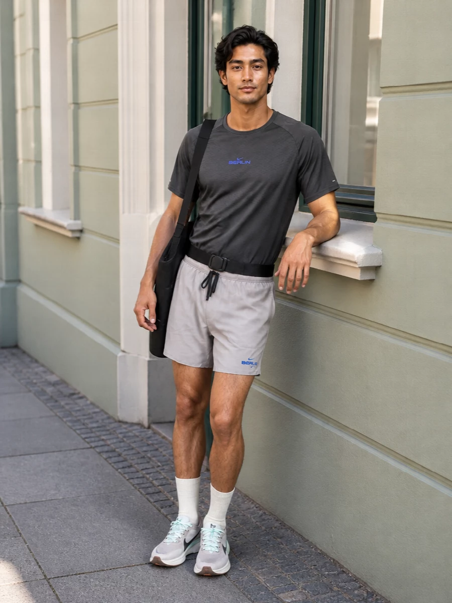 A monochrome Nike Berlin pairing keeps the focus on performance, with charcoal up top and light taupe shorts grounded by tonal runners. The restrained palette and close athletic cuts make this feel ready for pool laps, interval runs or quick city commutes. A technical dry bag and slim belt add just enough utility to move cleanly from water to pavement.