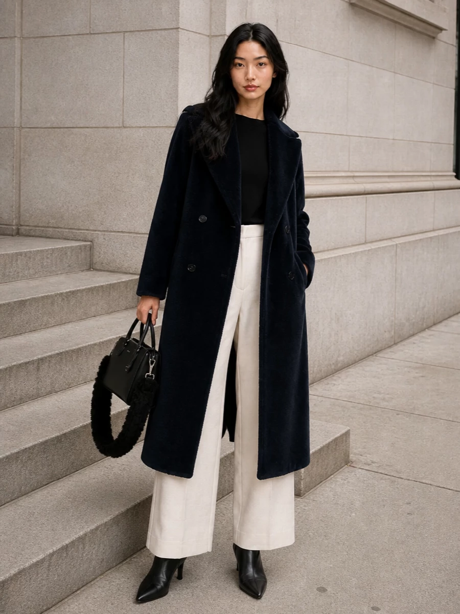 This is a quiet winter city ensemble built around the ink-navy S Max Mara coat, with a black knit column on top and ivory wide-leg trousers to soften the depth of colour. I chose the top and trouser route rather than a dress, as the wide-leg silhouette and tonal blocking read more modern and daytime versatile under faux fur than any of the dresses offered. Black knee boots and the Fendi shearling-strap bag complete a coherent, high-tier neutral story that feels polished without trying too hard.