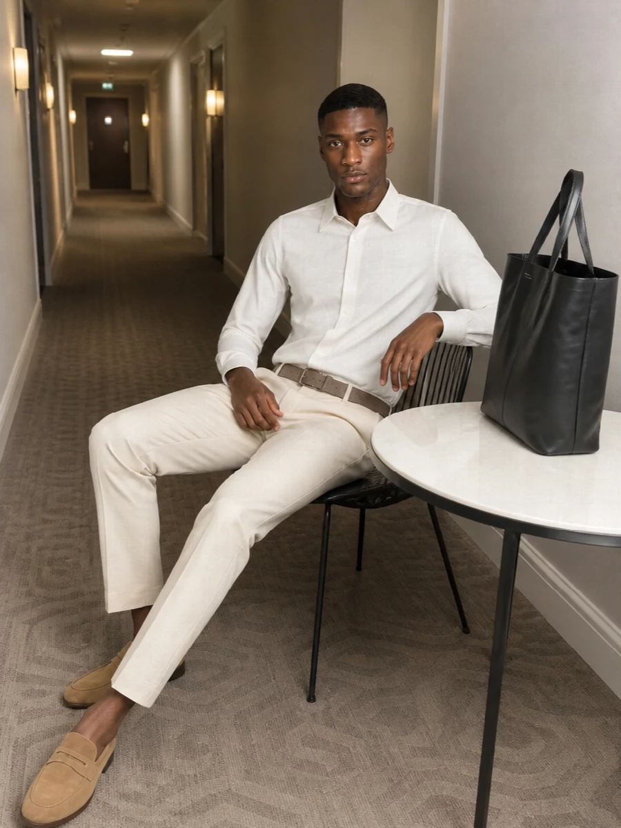 Apc ecru trousers white shirt suede loafers