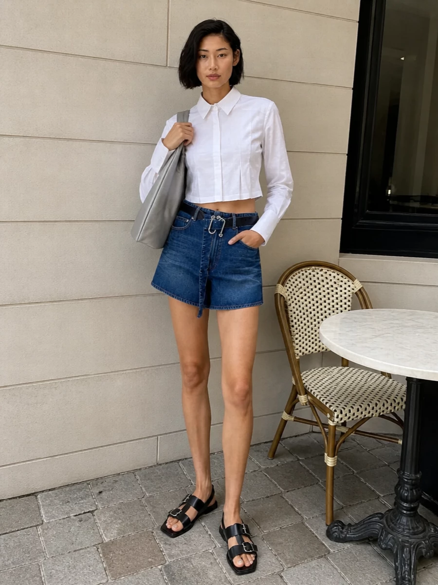 Sportmax denim shorts cropped white shirt outfit