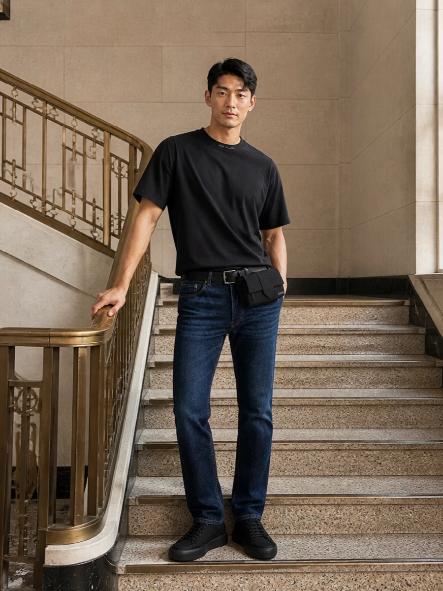 Palm angels jeans black tee prada sneakers
