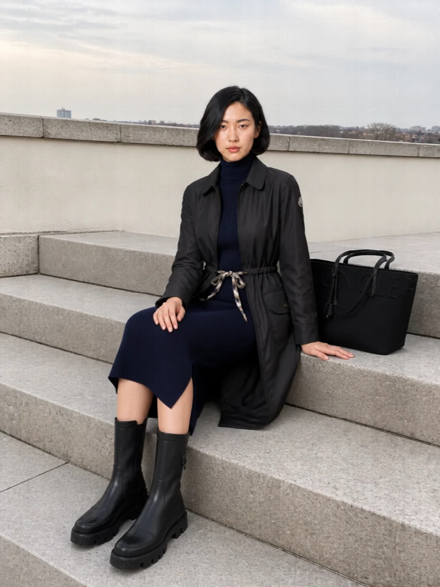 Moncler trench navy knit midi dress lug boots
