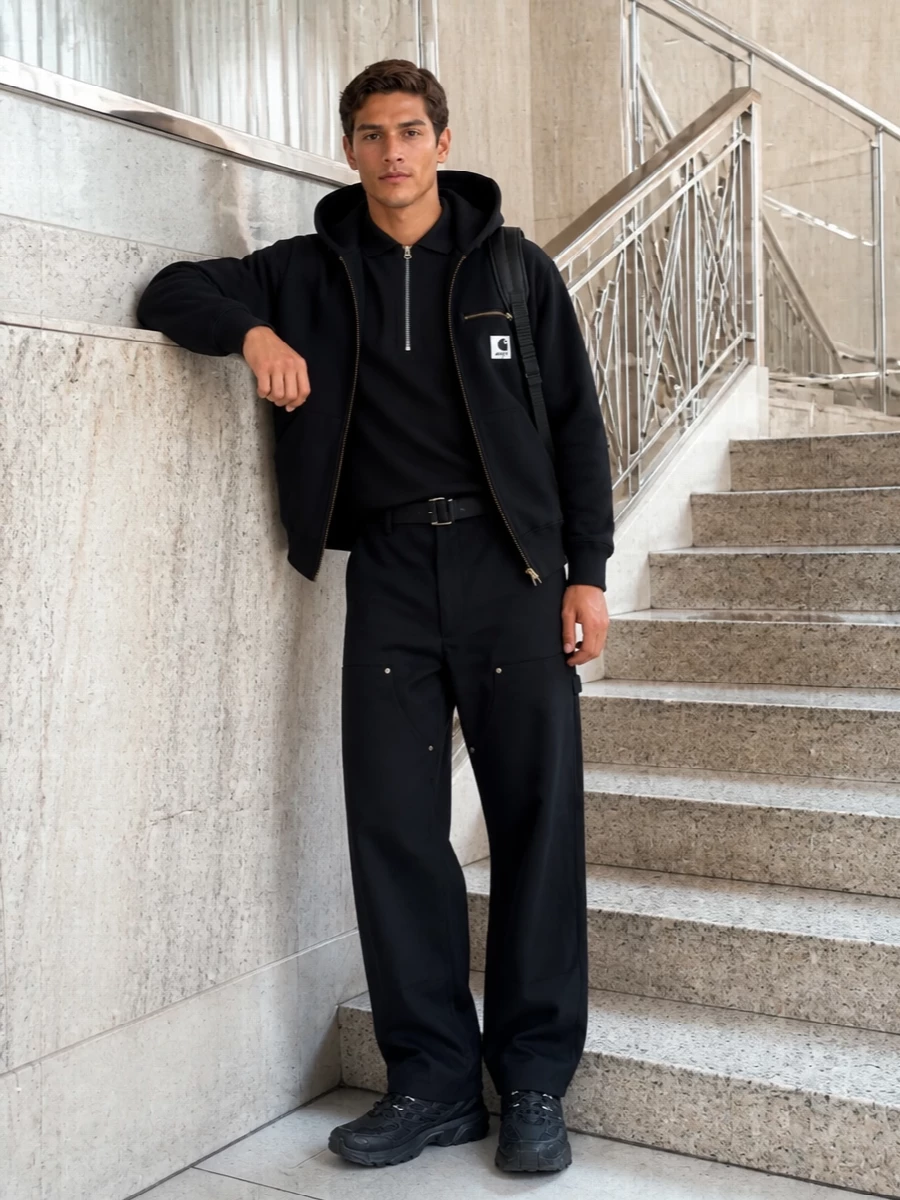 A tight monochrome story built around sharp hardware and clean lines, this outfit leans into Japanese-inflected tech streetwear without feeling overbuilt. The Sacai zip polo and utility trouser give a precise base under the structured hoodie, while Salomon runners and a sculptural McQueen backpack keep the energy fast, functional, and city ready.